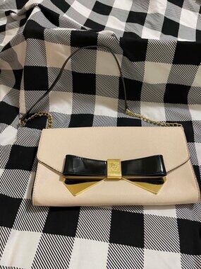Anne Klein Cream Crossbody, Black Patent Bow, Gold Lion Logo, 11" x 6"